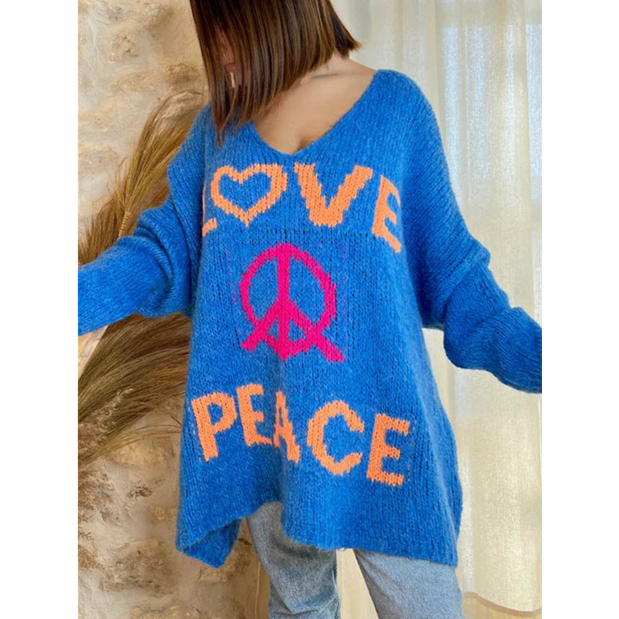 Peace Graphic V-Neck Long Sleeve Sweater Apparel and Accessories