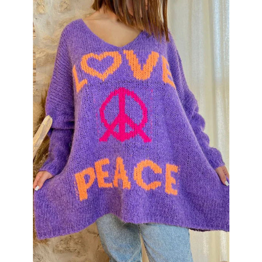 Peace Graphic V-Neck Long Sleeve Sweater Apparel and Accessories