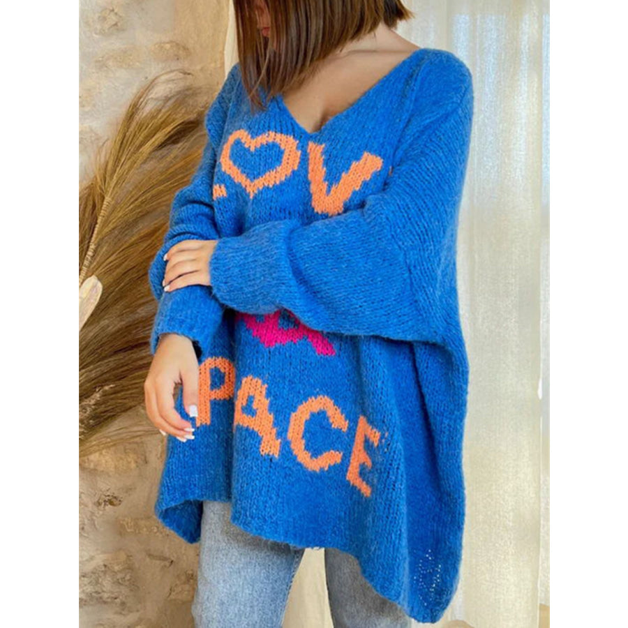 Peace Graphic V-Neck Long Sleeve Sweater Apparel and Accessories