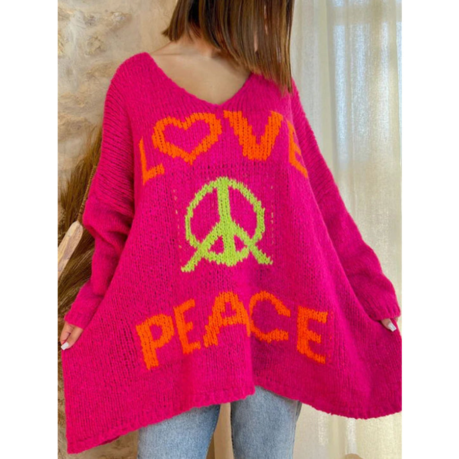 Peace Graphic V-Neck Long Sleeve Sweater Apparel and Accessories