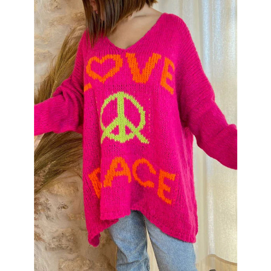 Peace Graphic V-Neck Long Sleeve Sweater Deep Rose / S Apparel and Accessories