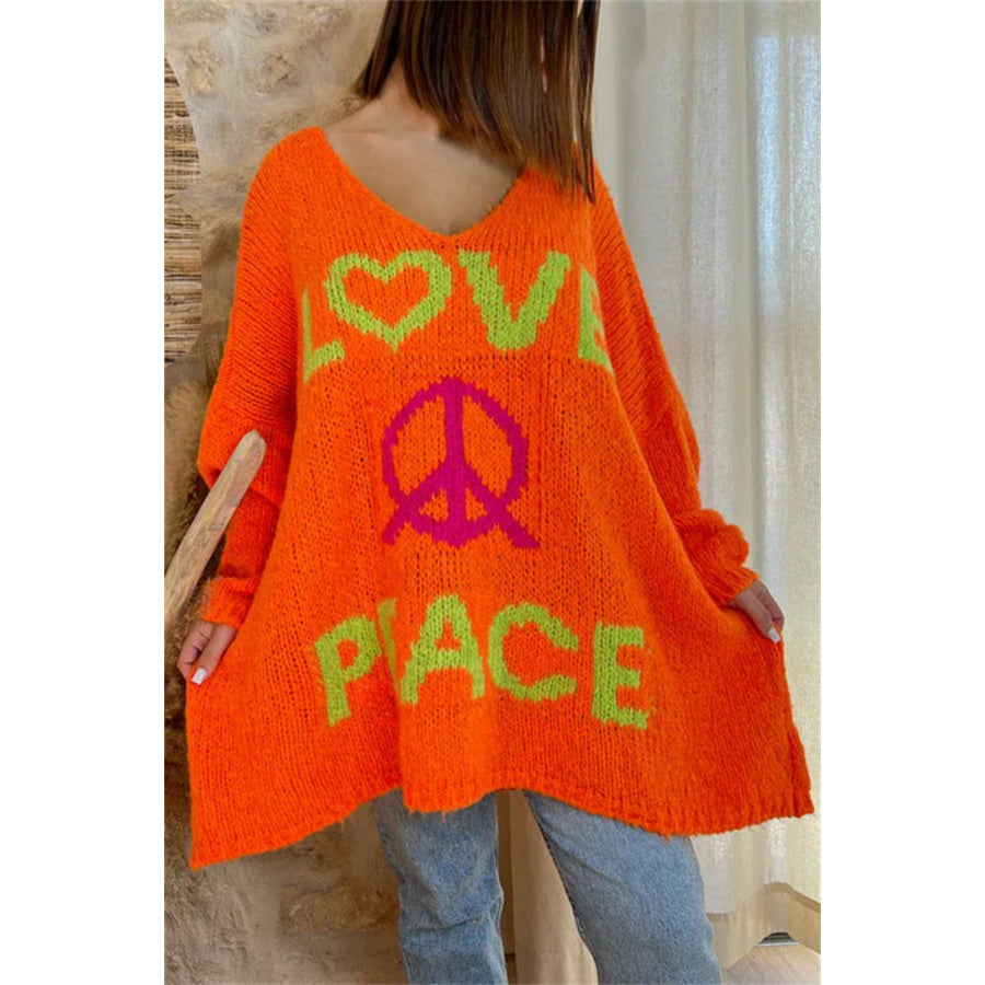 Peace Graphic V-Neck Long Sleeve Sweater Orange / L Apparel and Accessories