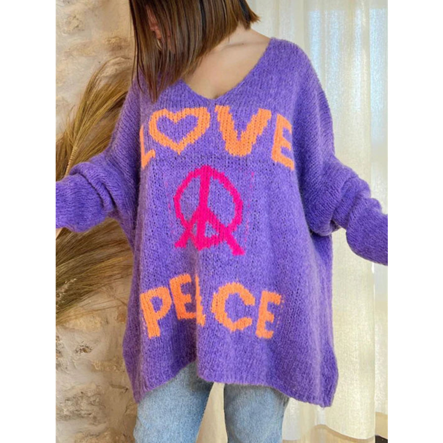 Peace Graphic V-Neck Long Sleeve Sweater Purple / S Apparel and Accessories