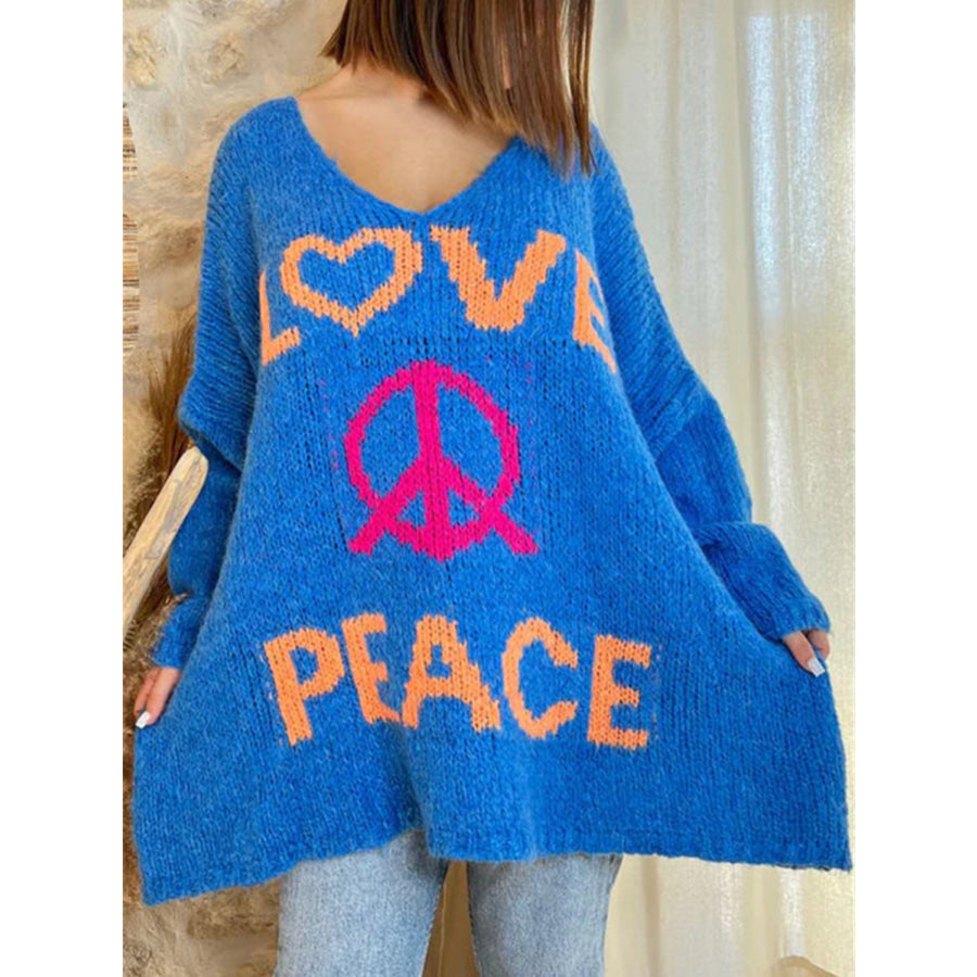 Peace Graphic V-Neck Long Sleeve Sweater Royal Blue / S Apparel and Accessories