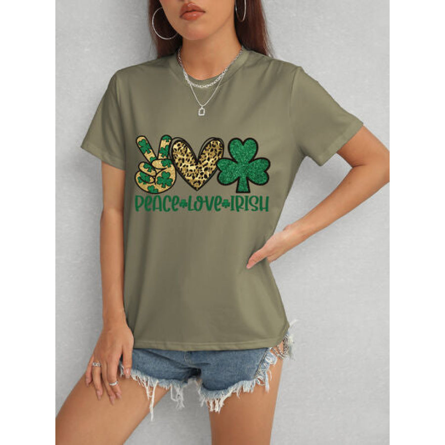 PEACE LOVE IRISH Round Neck Short Sleeve T - Shirt Army Green / S Apparel and Accessories