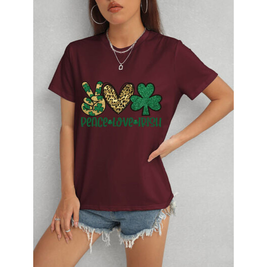 PEACE LOVE IRISH Round Neck Short Sleeve T - Shirt Wine / S Apparel and Accessories