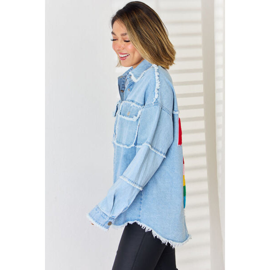 PEACE Raw Hem Dropped Shoulder Denim Top Apparel and Accessories