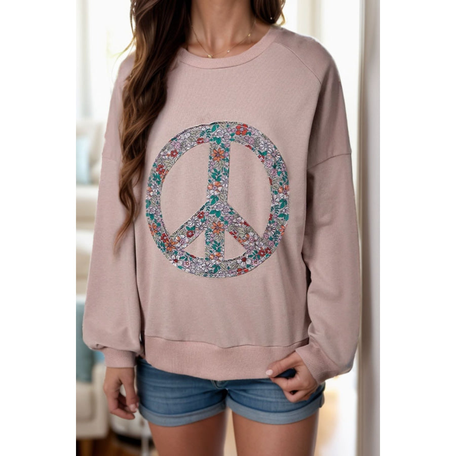 Peace Sign Applique Long Sleeve Sweatshirt Pale Blush / S Apparel and Accessories