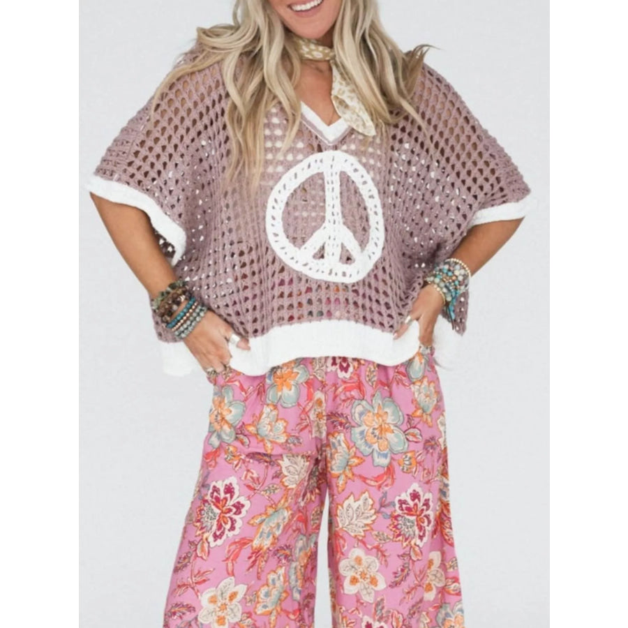 Peace Sign Crochet Knit Cover Up Light Purple / S Apparel and Accessories