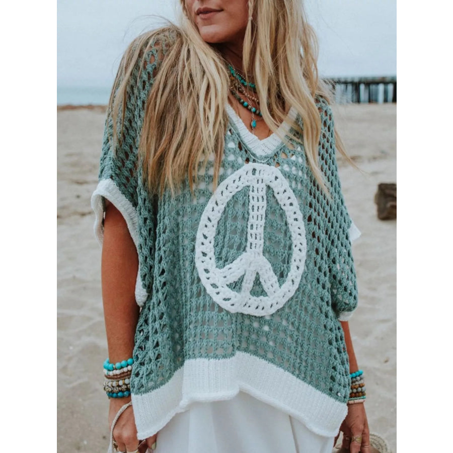 Peace Sign Crochet Knit Cover Up Turquoise / S Apparel and Accessories