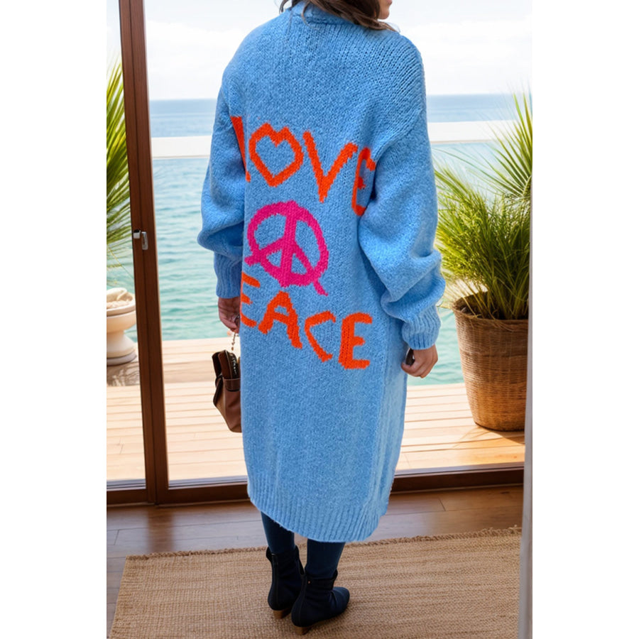 Peace Sign Long Sleeve Cardigan Cerulean / S Apparel and Accessories