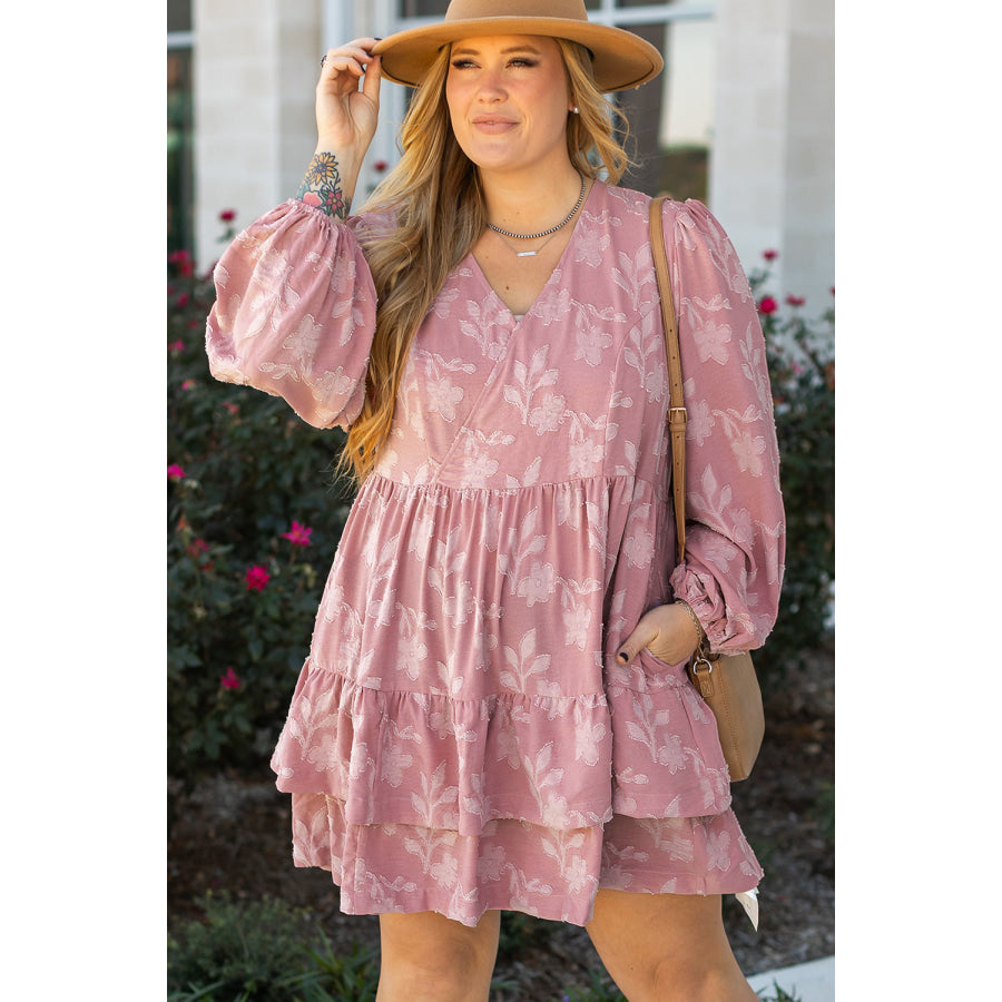Peach Blossom Floral Surplice V Neck Tiered Ruffled Plus Size Dress Peach Blossom / 1X / 100% Polyester Sale (50% OFF)/Sale (50% OFF)