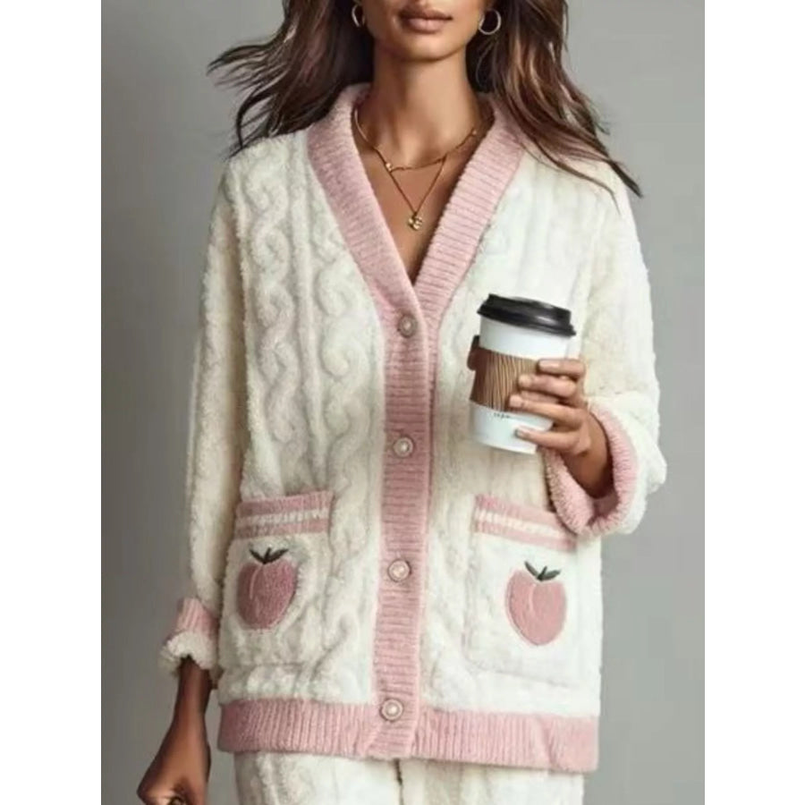 Peach Fleece Contrast Trim Top and Pants Lounge Set White / S Apparel Accessories
