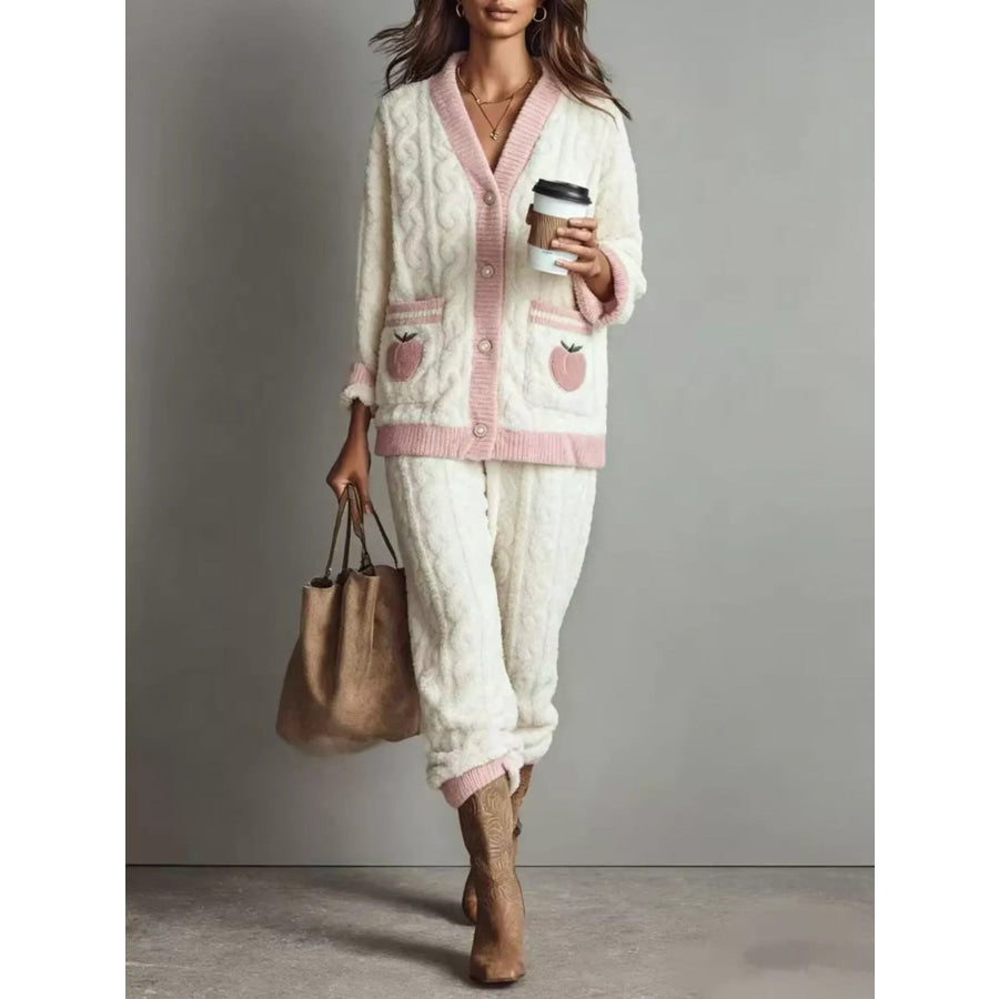 Peach Fleece Contrast Trim Top and Pants Lounge Set White / S Apparel Accessories