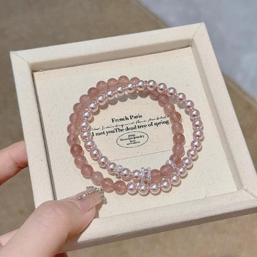 Pearl Beaded Bracelet 2 Piece Set Dusty Pink / One Size Apparel and Accessories