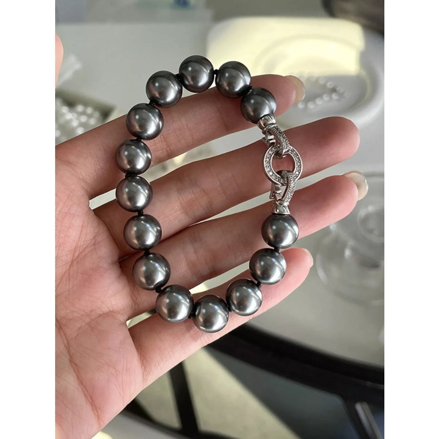 Pearl Beaded Bracelet with Clasp Dark Gray / One Size