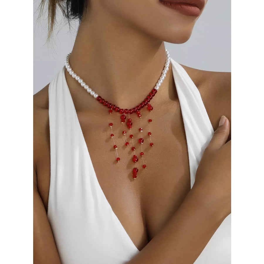 Pearl Beaded Dangle Necklace Deep Red / onesize Apparel and Accessories