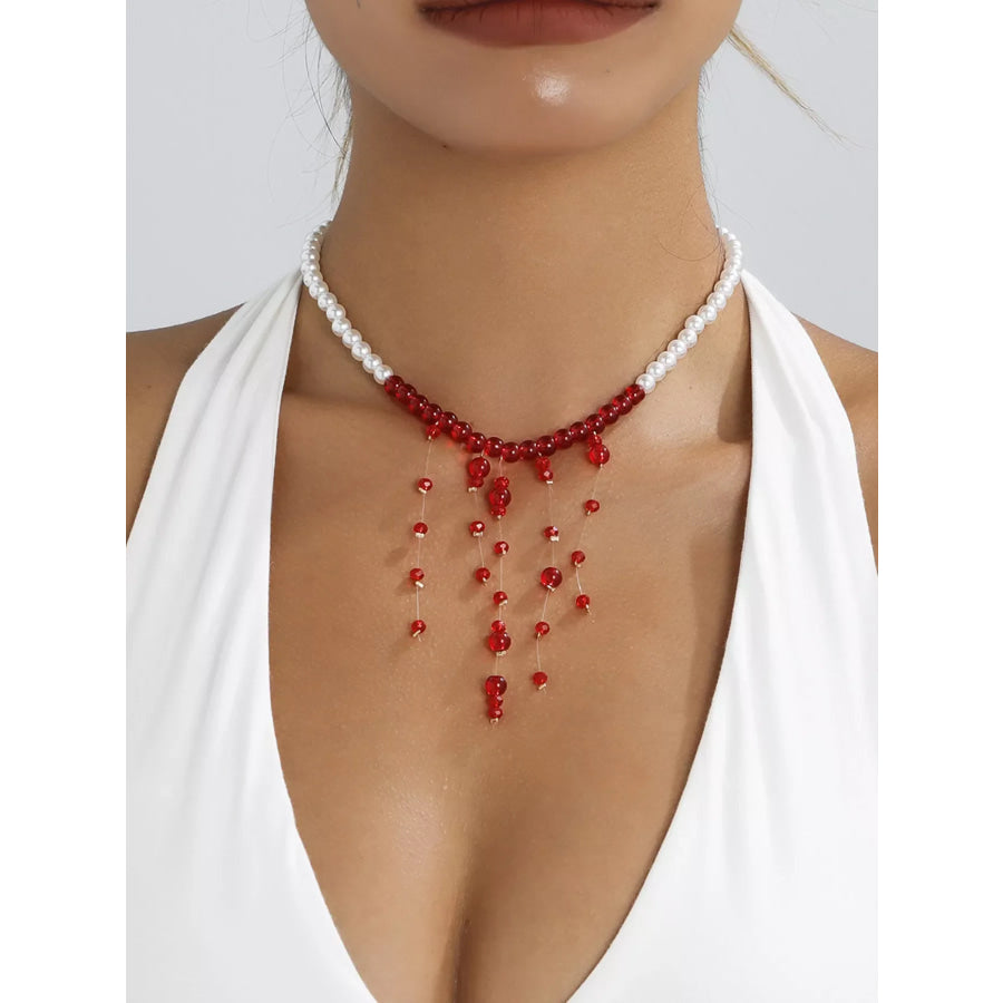 Pearl Beaded Dangle Necklace Deep Red / onesize Apparel and Accessories