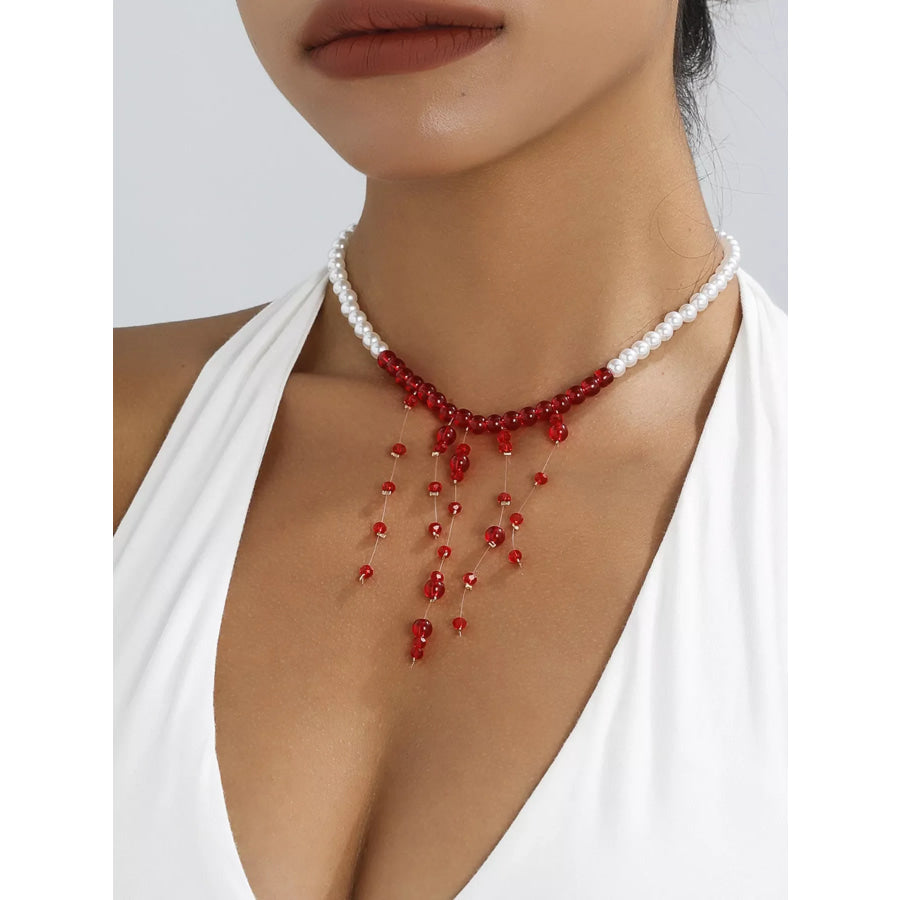 Pearl Beaded Dangle Necklace Deep Red / onesize Apparel and Accessories