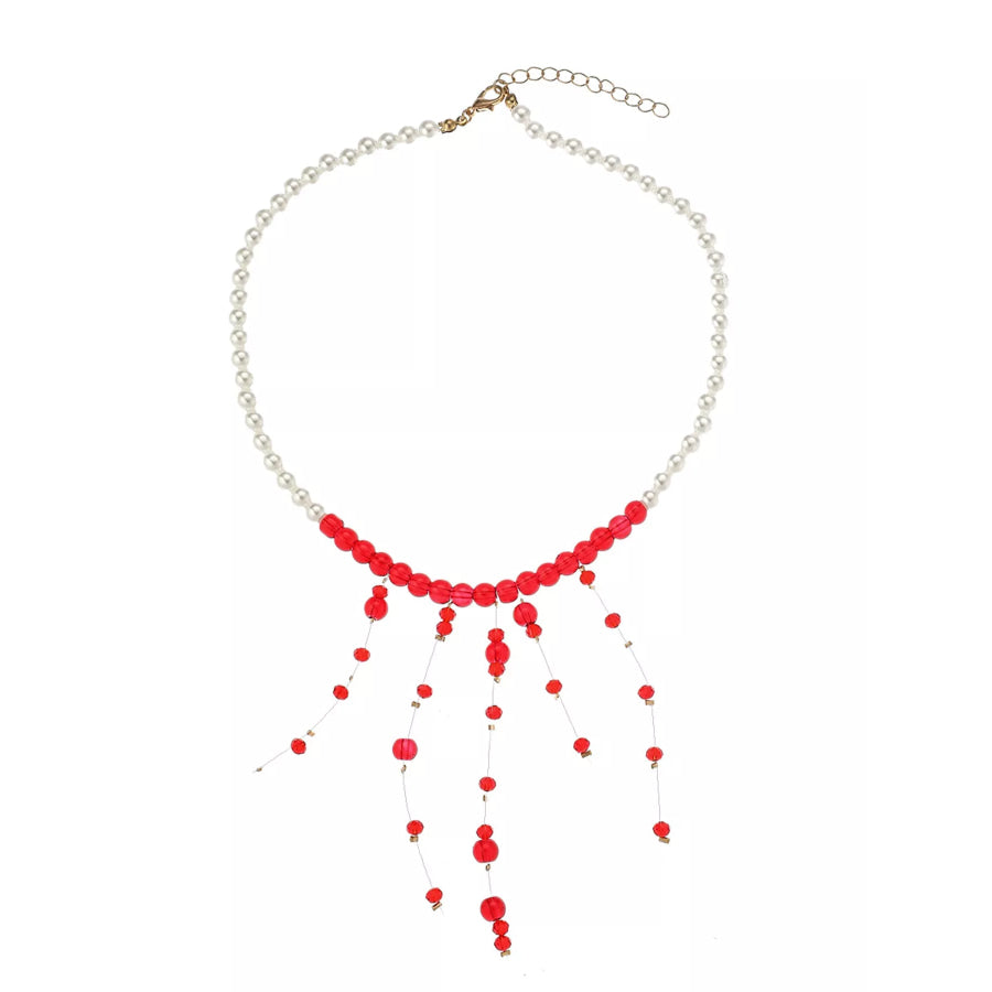 Pearl Beaded Dangle Necklace Deep Red / onesize Apparel and Accessories