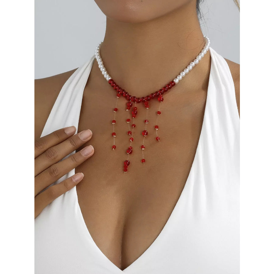 Pearl Beaded Dangle Necklace Deep Red / onesize Apparel and Accessories