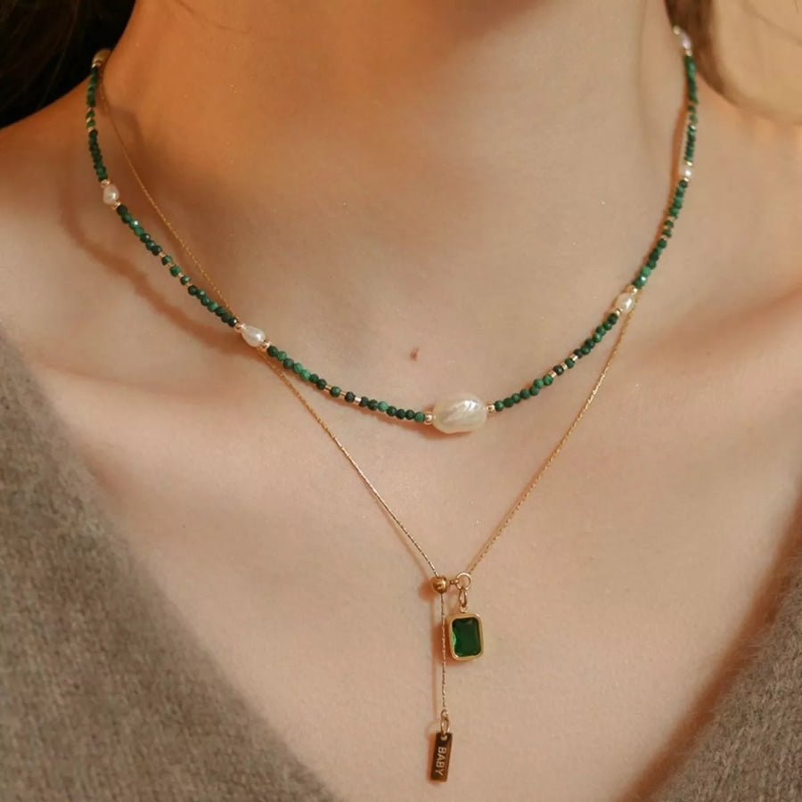 Pearl & Beaded Necklace Dark Green / One Size Apparel and Accessories