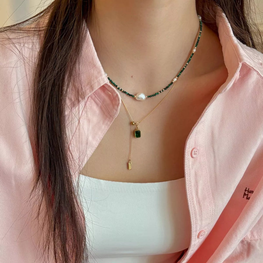 Pearl & Beaded Necklace Dark Green / One Size Apparel and Accessories