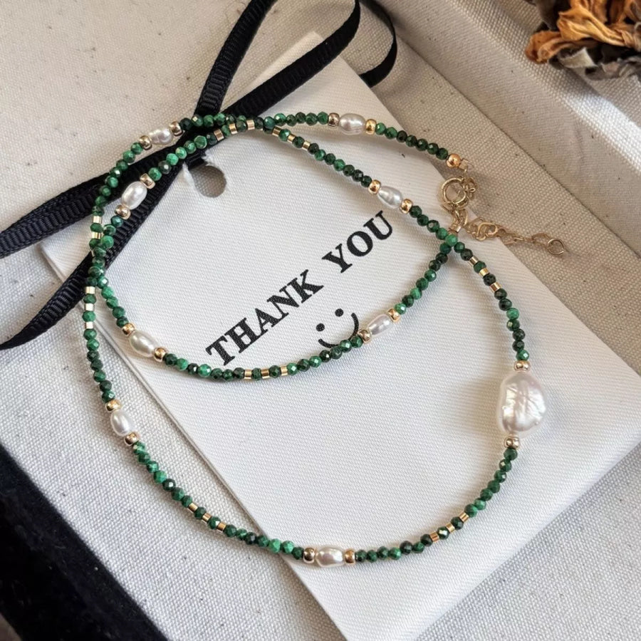 Pearl & Beaded Necklace Dark Green / One Size Apparel and Accessories