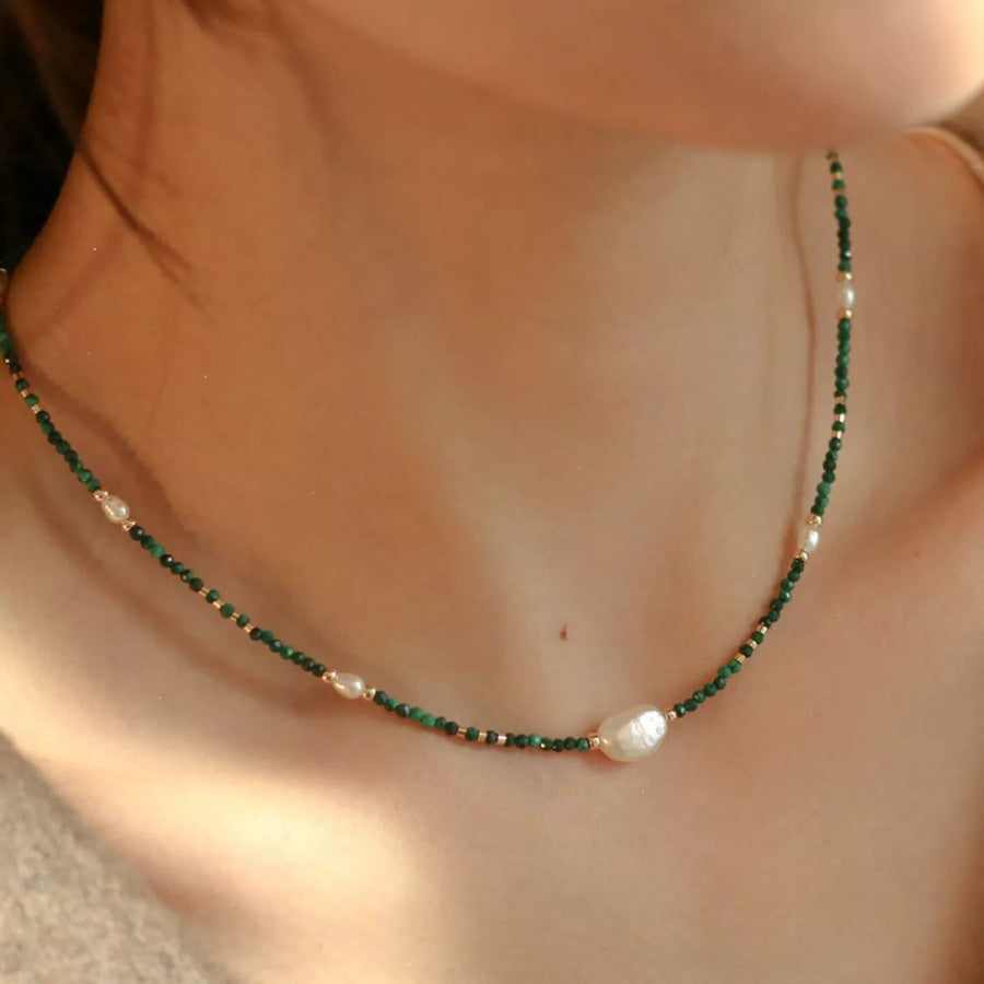 Pearl & Beaded Necklace Dark Green / One Size Apparel and Accessories