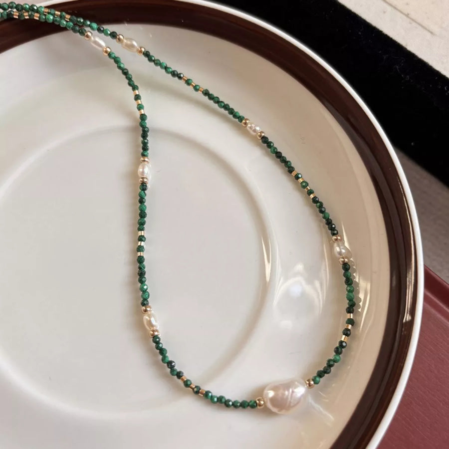 Pearl & Beaded Necklace Dark Green / One Size Apparel and Accessories