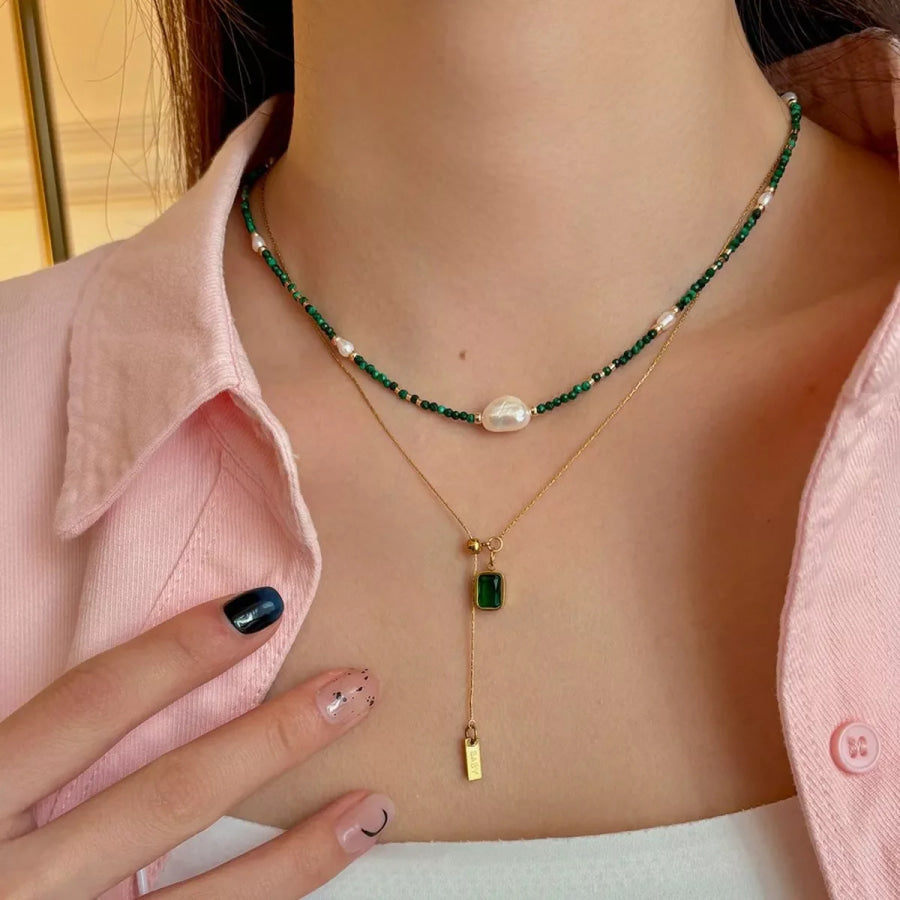 Pearl & Beaded Necklace Dark Green / One Size Apparel and Accessories