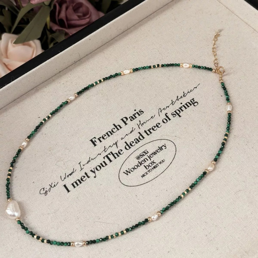 Pearl & Beaded Necklace Dark Green / One Size Apparel and Accessories