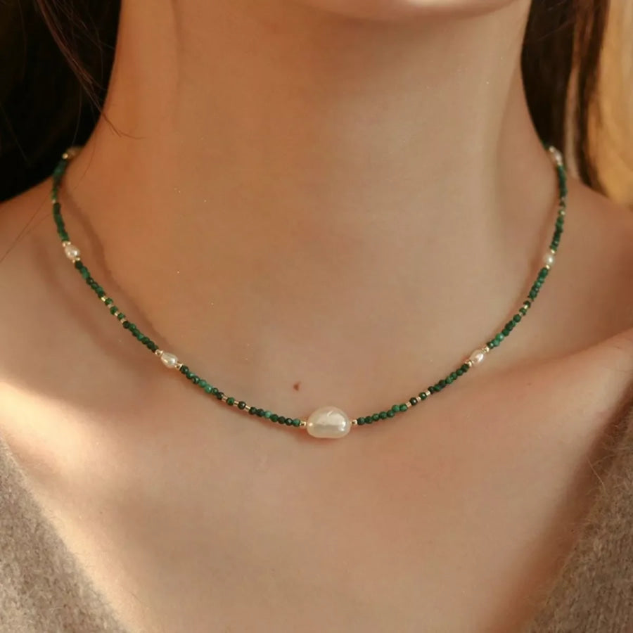 Pearl & Beaded Necklace Dark Green / One Size Apparel and Accessories