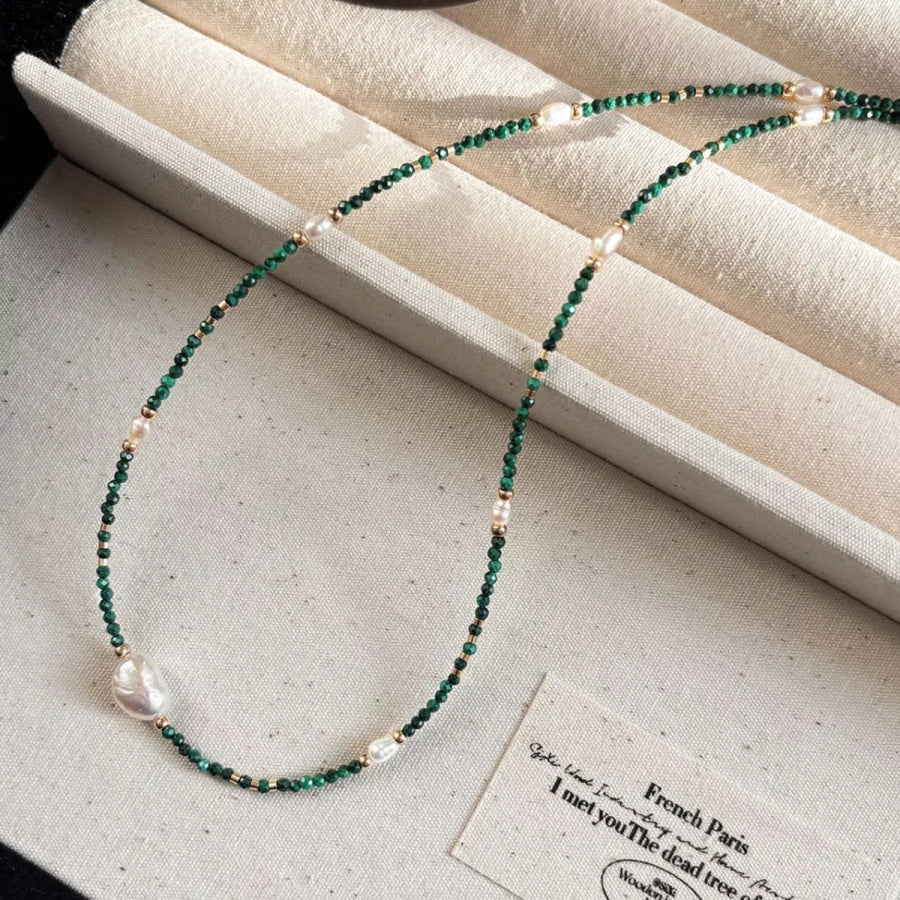 Pearl & Beaded Necklace Dark Green / One Size Apparel and Accessories