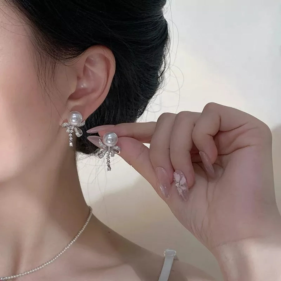 Pearl & Bow Drop Earrings Silver / One Size Apparel and Accessories