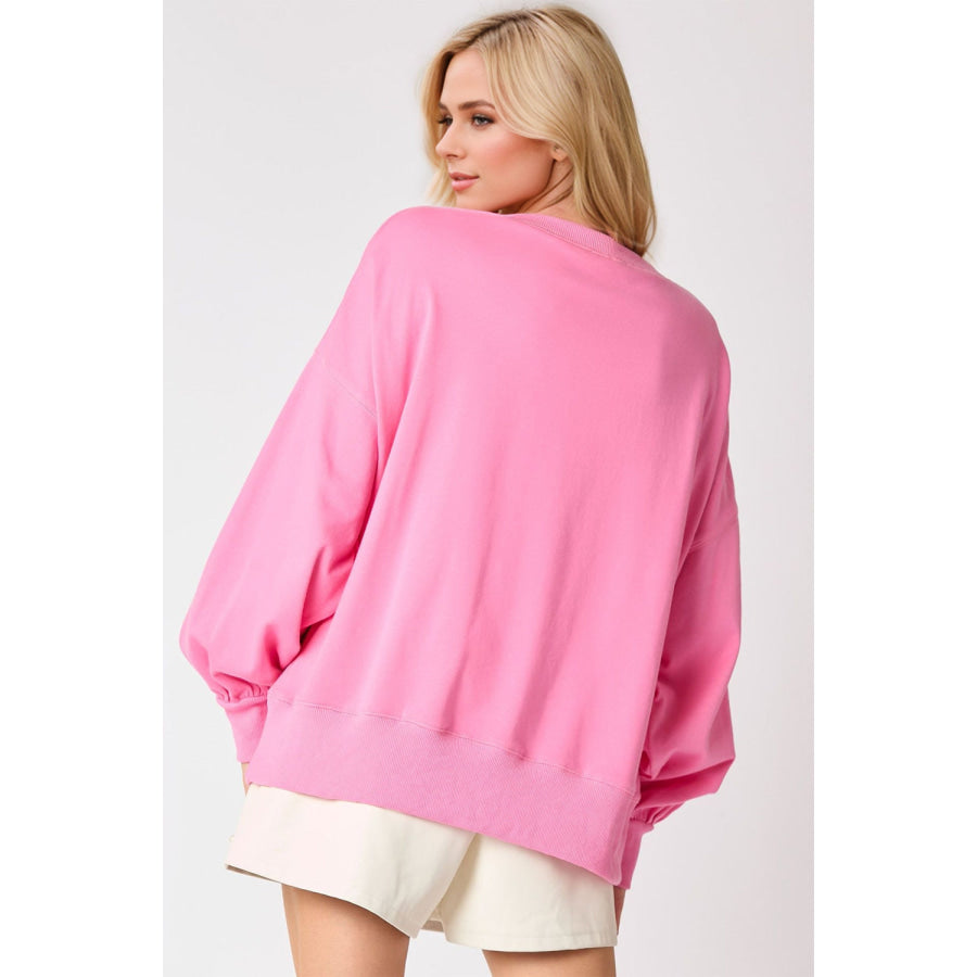 Pearl Bow Round Neck Dropped Shoulder Sweatshirt Apparel and Accessories