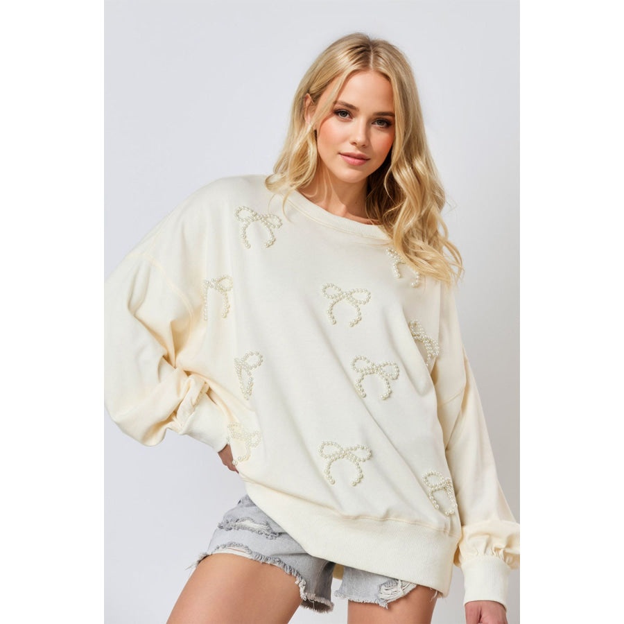 Pearl Bow Round Neck Dropped Shoulder Sweatshirt Apparel and Accessories