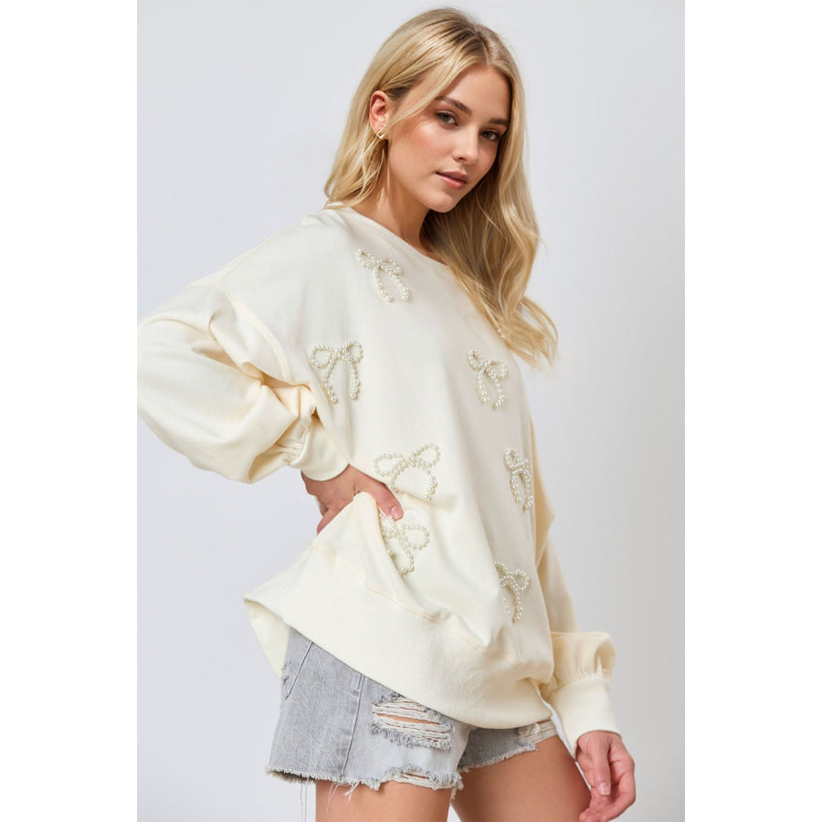 Pearl Bow Round Neck Dropped Shoulder Sweatshirt Apparel and Accessories