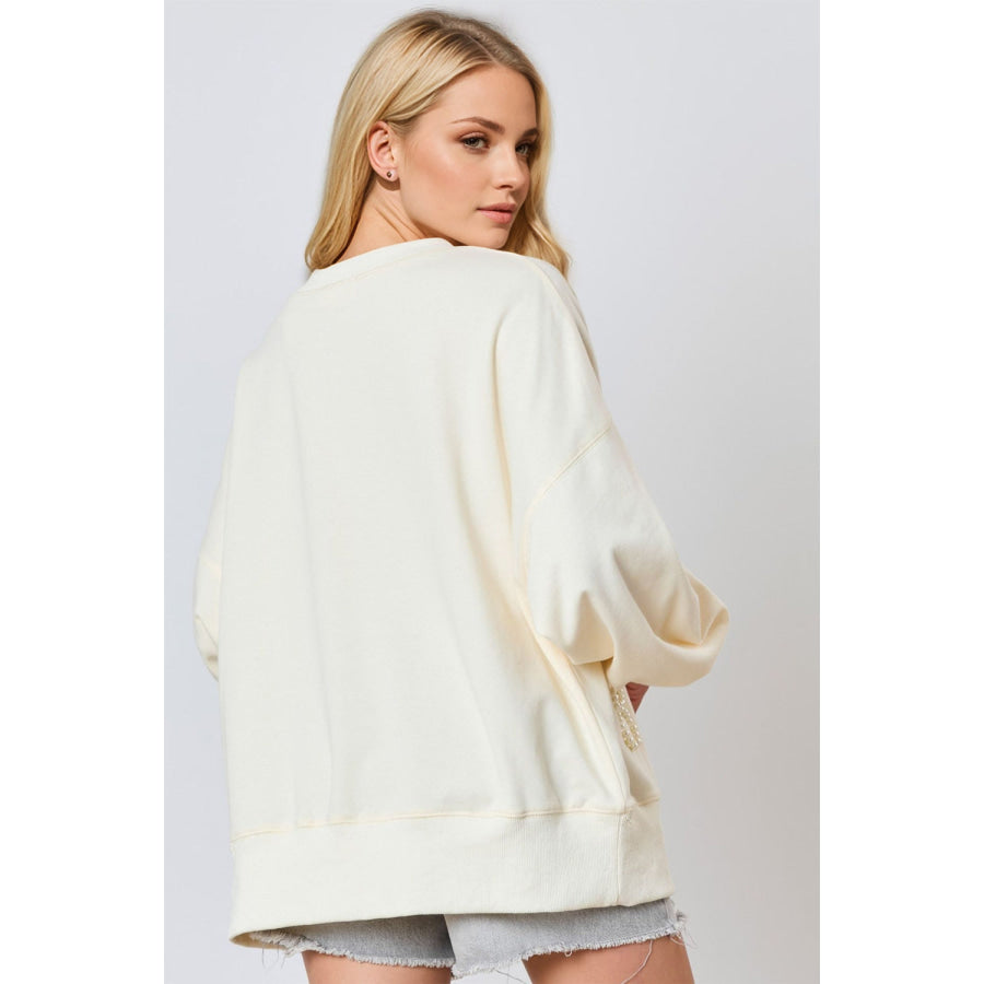 Pearl Bow Round Neck Dropped Shoulder Sweatshirt Apparel and Accessories