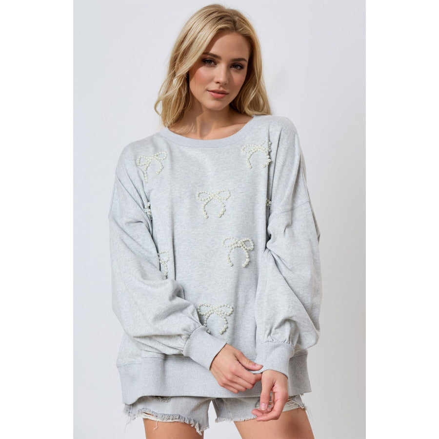 Pearl Bow Round Neck Dropped Shoulder Sweatshirt Apparel and Accessories