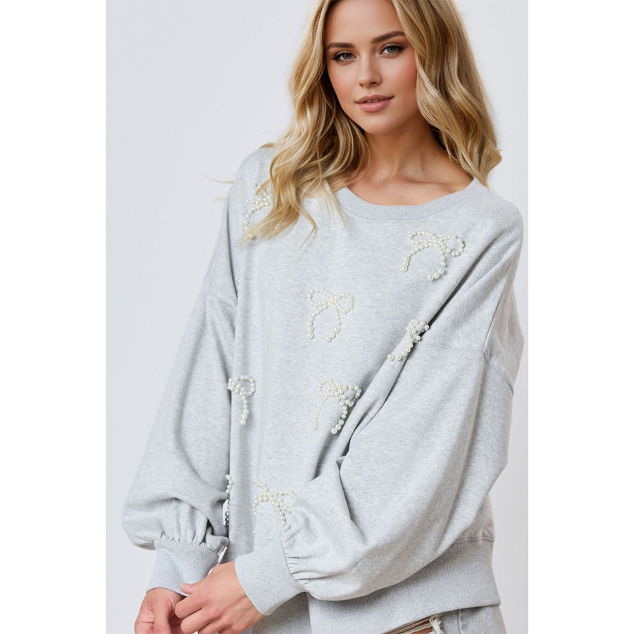 Pearl Bow Round Neck Dropped Shoulder Sweatshirt Apparel and Accessories