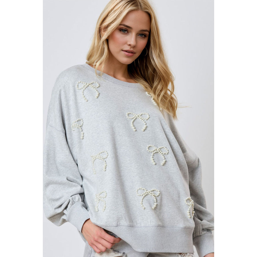 Pearl Bow Round Neck Dropped Shoulder Sweatshirt Gray / S Apparel and Accessories