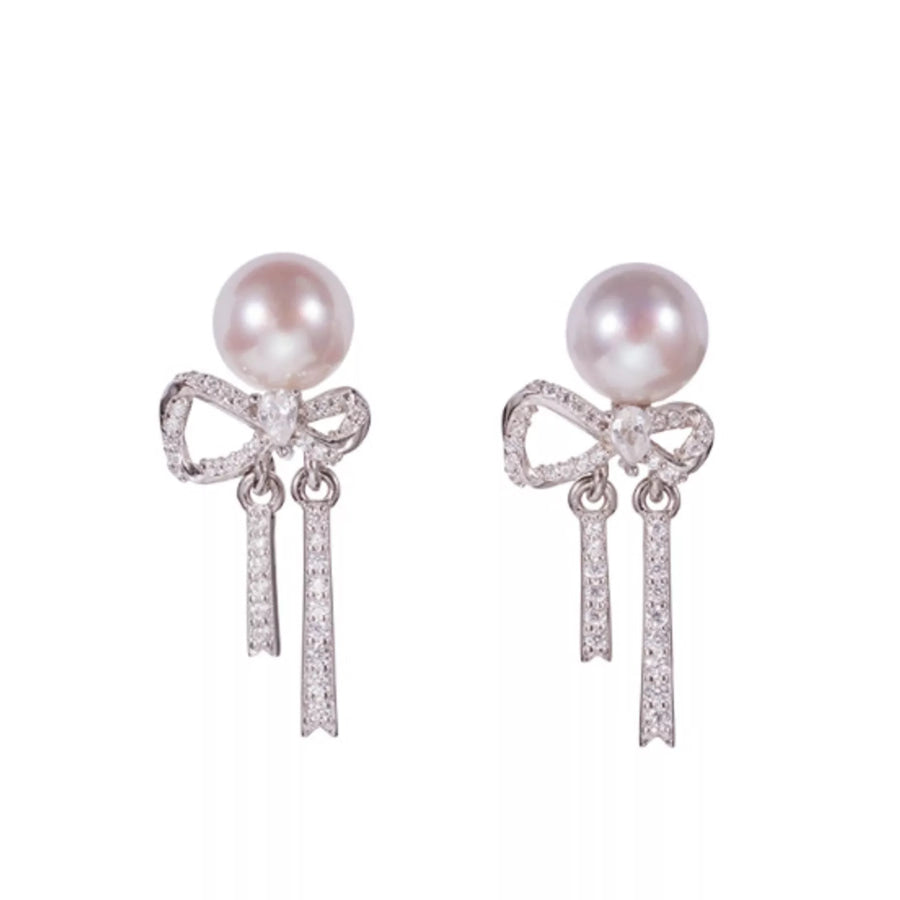 Pearl Bowknot Drop Earrings Silver / One Size Apparel and Accessories