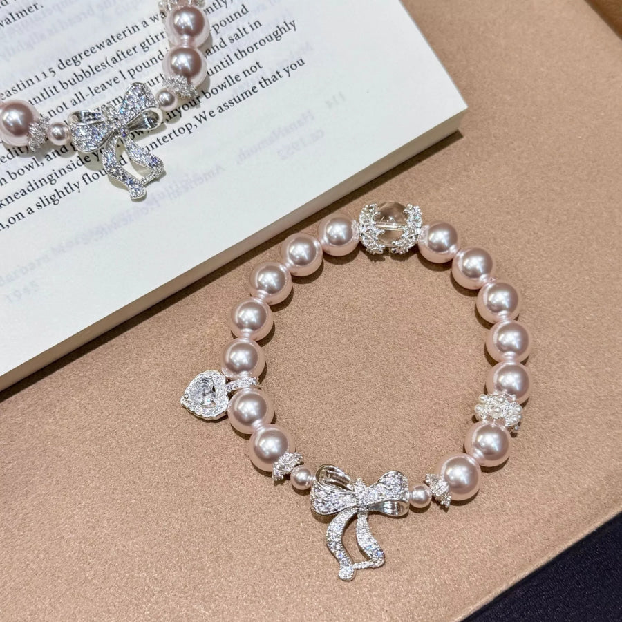 Pearl Bracelet with Bow Charm Silver / One Size Apparel and Accessories