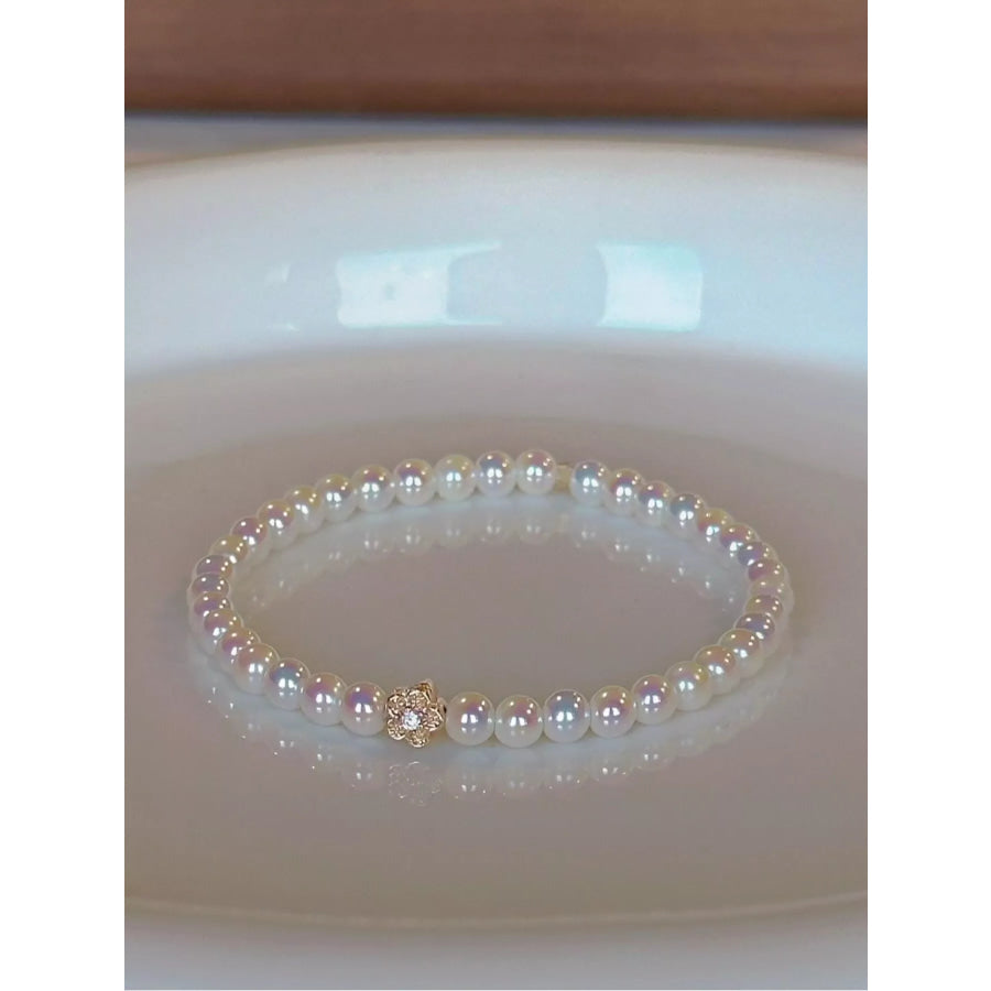 Pearl Bracelet with Floral Accent White / One Size Apparel and Accessories