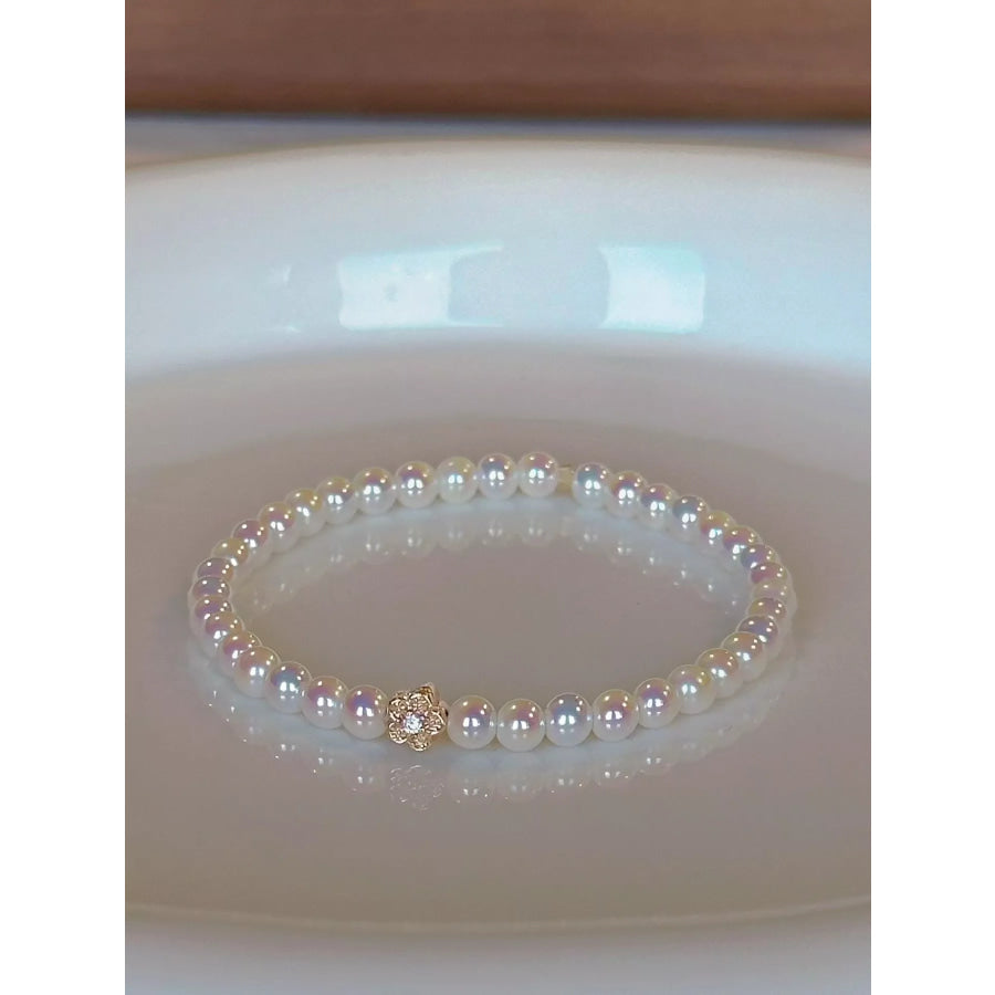 Pearl Bracelet with Floral Accent White / One Size Apparel and Accessories