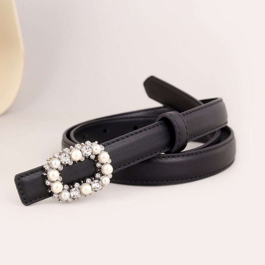 Pearl Buckle Leather Belt Black / One Size Apparel and Accessories