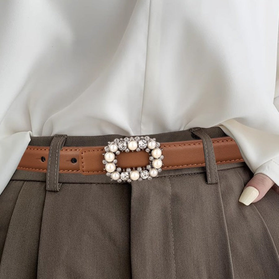 Pearl Buckle Leather Belt Brown / One Size Apparel and Accessories