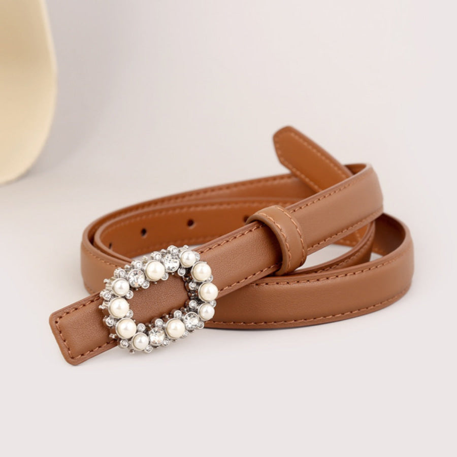 Pearl Buckle Leather Belt Caramel / One Size Apparel and Accessories