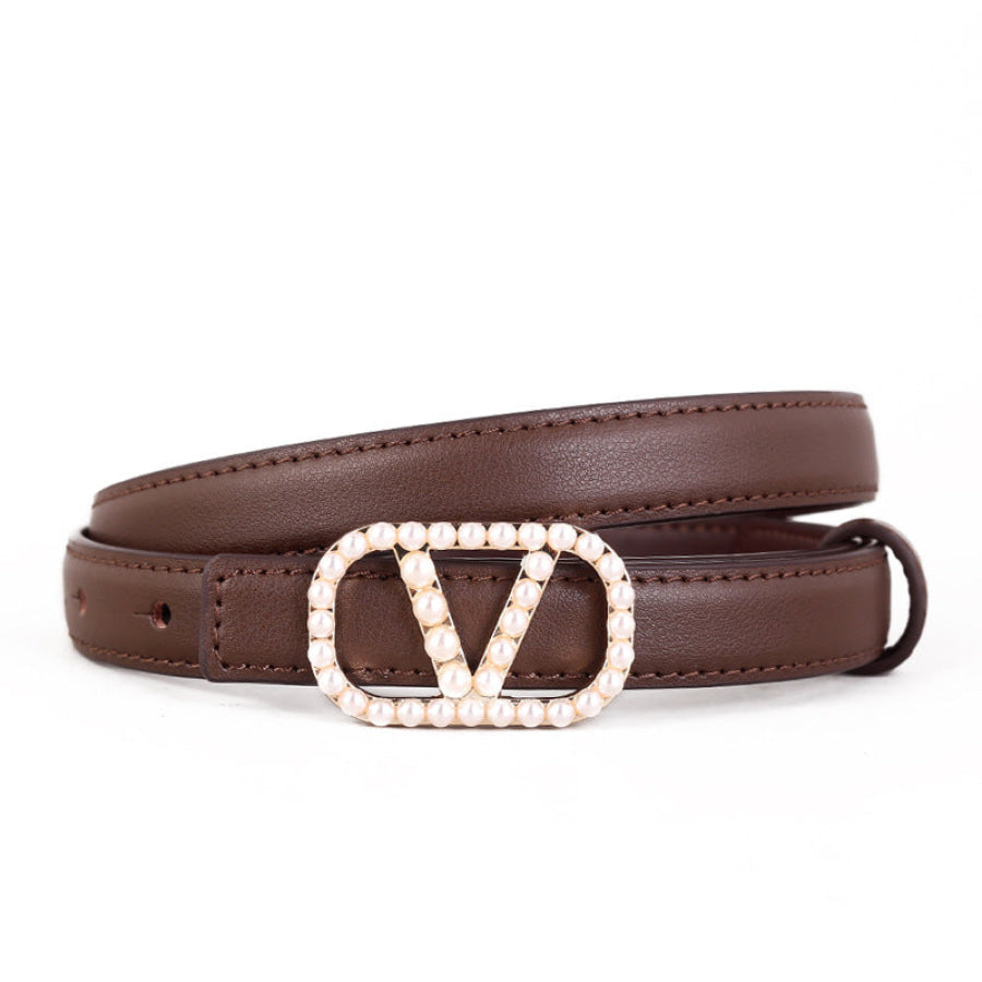 Pearl Buckle Leather Belt Coffee Brown / One Size Apparel and Accessories